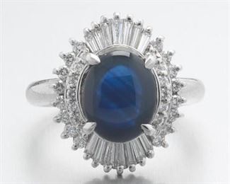 Ladies Platinum, Star Blue Sapphire and Diamond Cocktail Ring 