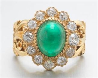 Ladies Renaissance Revival Gold, 5.40 Ct Emerald and Old Mine Cut Diamond Ring 