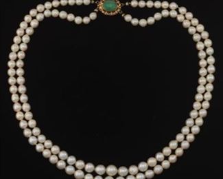 Ladies Retro Gold, Green Jade and Pearl TwoStrand Necklace 