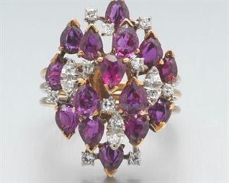 Ladies Retro Gold, Ruby and Diamond Cluster Ring 