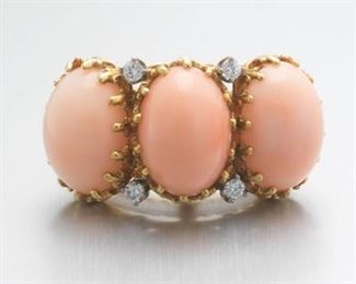 Ladies Retro TwoTone Gold, Angel Skin Coral and Diamond Fashion Ring 