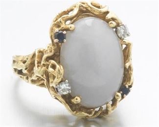 Ladies SemiAntique Gold, Lavender Jade, Blue Sapphire and Diamond Ring 