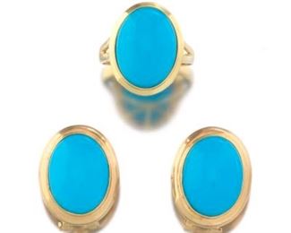 Ladies Turquoise Color Cabochon Ring and Earrings 