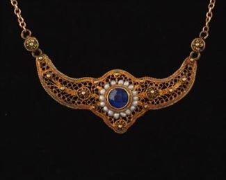 Ladies Victorian Gold, Blue Sapphire and Seed Pearl Filigree Necklace 