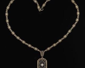 Ladies Victorian Gold, Camphor Glass and Diamond Filigree Necklace 