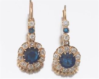 Ladies Victorian Pair of Rose Gold, Blue Sapphire and Diamond Dangle Earrings 