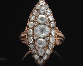 Ladies Victorian Rose Gold and Rose Cut Diamond Navette Ring 