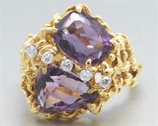 Ladies Vintage Gold, Amethyst and Diamond Fancy Nugget Style Ring 