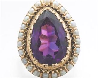 Ladies Vintage Gold, Amethyst and Pearl Cocktail Ring 