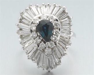 Ladies Vintage Gold, Blue Sapphire and Diamond Ballerina Cocktail Ring 