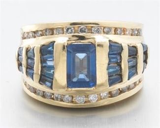 Ladies Vintage Gold, Blue Sapphire and Diamond Dome Ring