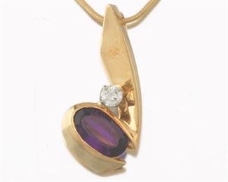 Ladies Vintage Gold, Diamond and Amethyst Pendant on Chain 