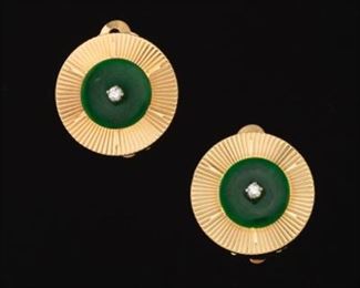Ladies Vintage Gold, Green Jade and Diamond Pair of Ear Clips