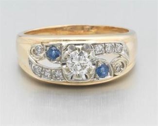 Ladies Vintage TwoTone Gold, Diamond and Blue Sapphire Ring 
