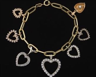 Ladies Whimsical TwoTone Gold and Diamond Heart Charm Bracelet 