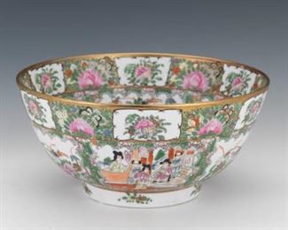 Large Chinese Export Porcelain Rose Medallion Bowl, Apocryphal Qianlong SealMark 