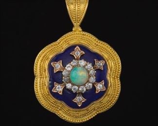 Luna 22k Gold, Enamel, Opal and Diamond Pendant 
