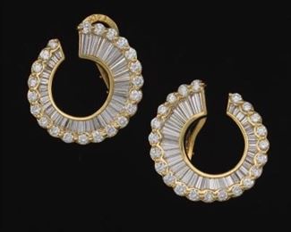 NOVA Ladies Pair of Gold and 7.20 Ct Total Diamond Radiant Scroll Earrings 