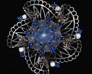 Oscar Heyman Platinum, Star Sapphire, Diamond and Blue Sapphire Clip Brooch, with Certificate of Authenticity 