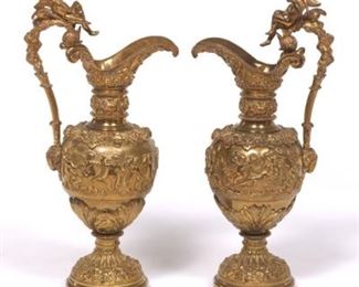 Pair of Brass Rococo Style Decorative Ewers