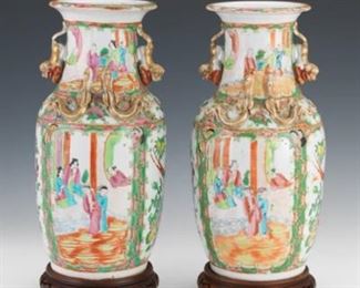 Pair of Chinese Export Porcelain Rose Medallion Vases on Wooden Stands 