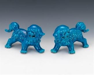 Pair of Chinese Mirror Image Cerulean Glaze Buddhist Temple Foo Lions 