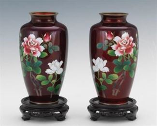 Pair of Japanese Ginbari Cloisonne Mirror Image Vases on Wood Stands