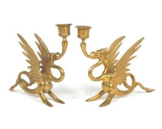 Pair of Renaissance Revival Brass Griffin Candle Holders 