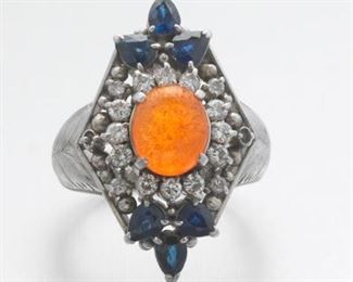 Platinum, Fire Opal, Diamond and Sapphire Ring 