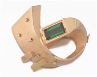 Retro Dimensional Gold, Tourmaline and Diamond Brooch 