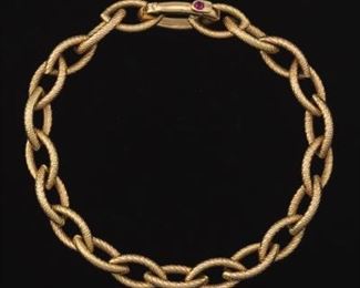 Roberto Coin Style Vintage Italian Gold and Ruby Textured Link Bracelet 