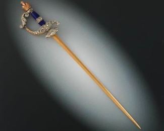 Russian Gold, Enamel and Diamond Sword Pin, Retailed by K. Bok 