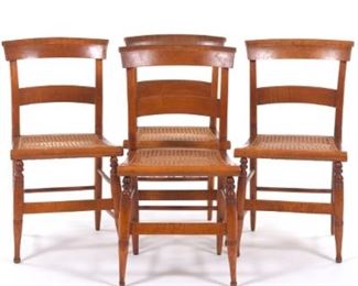 Set of Four Curly and Birdseye Maple Caned Chairs