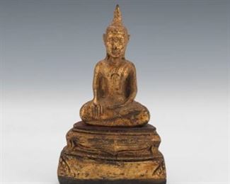 South East Asian TwoPart Gilt and Lacquered Buddha Shrine Sculpture, in Bhumisparsha Mudra of Enlightenment