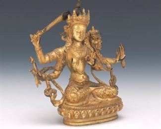 Tibetan Antique Gilt Bronze Sculpture of Manjushri 
