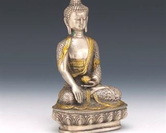 Tibetan Gilt and Silver Tone Sculpture of Shakyamuni Buddha 