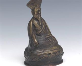 Tibetan Patinated Copper Alloy of Louhan on Lotus Throne 