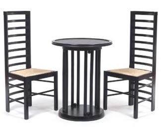 Two Cassina Short Ladderback Chairs Designed by Charles Rennie Mackintosh, and a Contemporary Bistro Table 