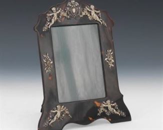 Victorian Sterling Silver, Faux Tortoise Shell, Moire Fabric and Velvet Table Top Frame, London, dated 1898 