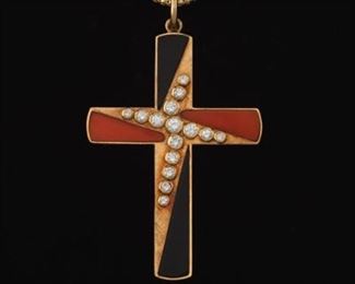 Vintage Gold, Black Onyx, Coral and Diamond Cross on Italian Gold Chain