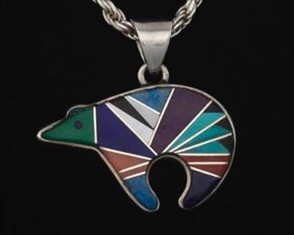 Zuni Native American Sterling Silver and Gemstone Bear Pendant on Chain, Canyon Collection