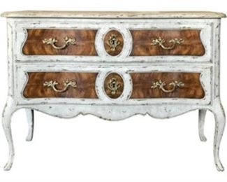 Theodore Alexander Rocaille Chest of Drawers
DESCRIPTION
A rustic white hand painted chest of drawers, the serpentine top above two long drawers with flame veneered panels and fine Rocaille handles and escutcheons, on cabriole legs. Original Retail: $2600
DIMENSIONS
45 x 33 x 29 in