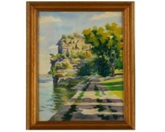 Lucian Lupinski, Coastal Watercolor, Signed
DESCRIPTION
A watercolor on paper of a coastal scene by Indiana Artist Lucian Lupinski (1918 - 2002). This Impressionist painting depicts a dirt road stretching towards a rocky cliff, cutting through a calm body of water and sloped, grassy hill to either side. To the lower right corner is Lupinski's signature. Lupinski was an artist-in-residence for the Post in Indianapolis and is best known for his portraits of Governor Robert D. Orr and Tom Selleck which were featured on the cover of The Saturday Evening Post in 1987. Visible image measures 14.5in W x 19.5in H.
DIMENSIONS
16 x 21 x 1 in