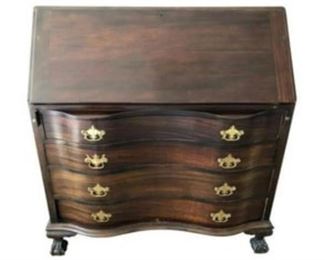 Antique Mahogany Chippendale Drop Front Secretary
DESCRIPTION
Whether you're penning some snail mail or simply stowing spare linen, this secretary desk is the perfect pick. Ready to add traditional character to any abode, it features a dark wood frame founded atop carved feet, and four drawers adorned with ornate drop handle hardware. Natural wear and tear along the finish make this piece ideal for adding a subtle rustic twist.
CONDITION
Some wear and warping on wood.
One small drawer missing knob, see photos.
DIMENSIONS
40 x 42.75 x 18.5 in