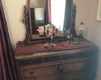 Antique Bedroom Set, Low Dresser w/Mirror, High Dresser, Bed