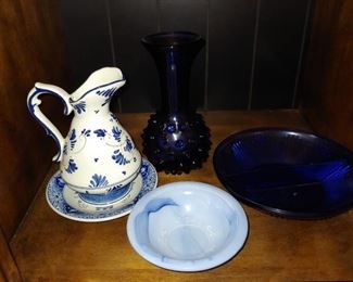 Blue Pitcher, Blue & White Small Bowl, Cobalt Blue dish & Hob Nail Vase