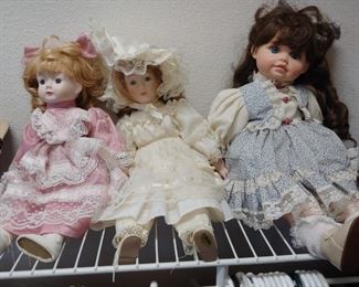 Porcelain Baby Dolls- 16" Pink Dress, 17" Cream Dress and 19" Blue & White Dress "Jerri" 1993