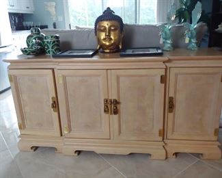 Beautiful Asian Inspired Buffet/Sideboard with Brass Hinges & Hardware.  Iron Buddha Sculpture, Aqua with Gold Trim, Birds, Bowl, Ginger Jar & Jar with Lid