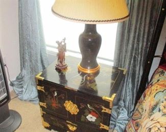 Chinese black lacquered lamp table and cabinet