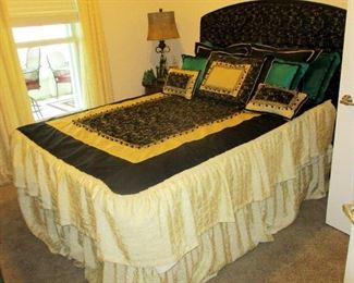 Queen bed with custom made bed covers. New mattress.